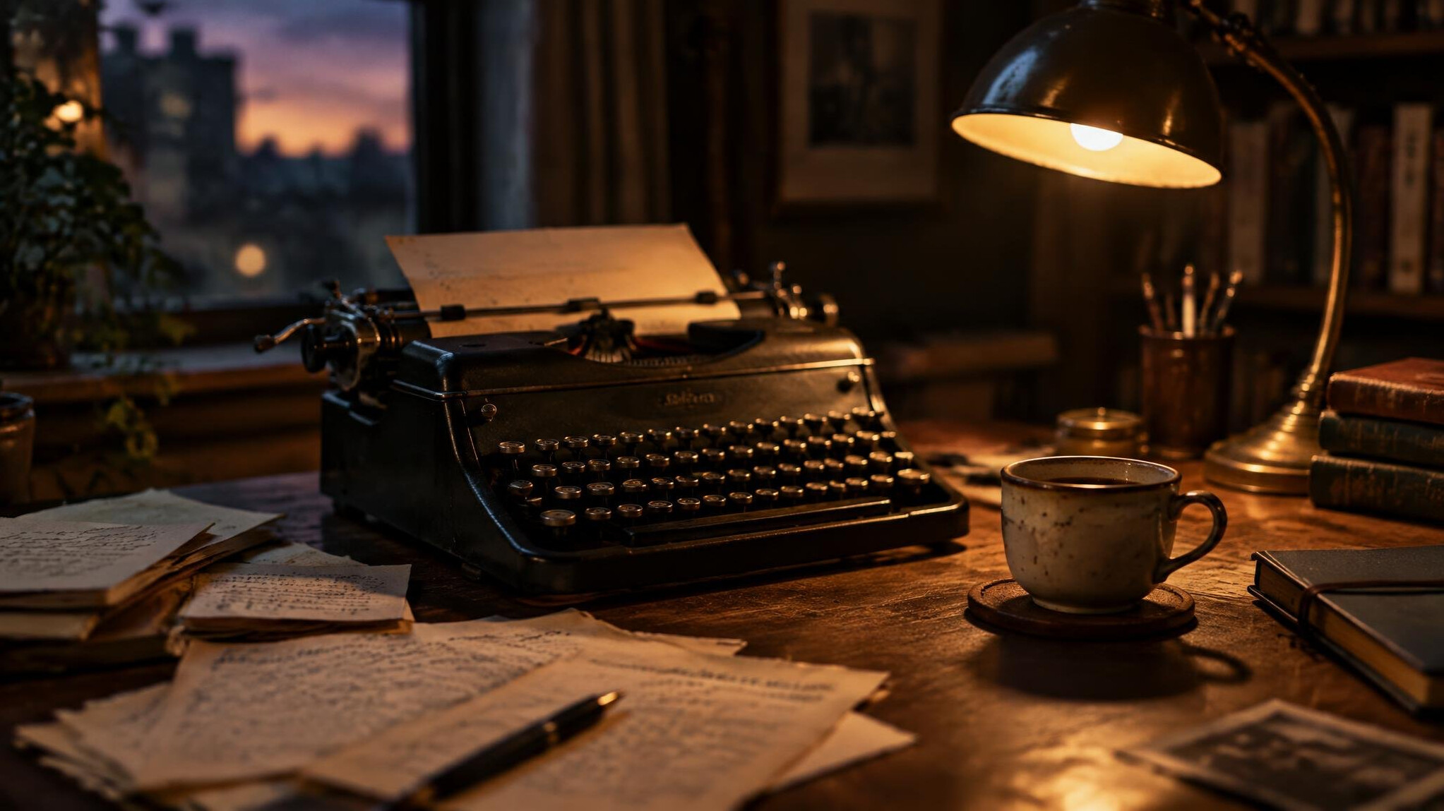 Old typewriter on a wooden desk with handwritten notes and a cup of coffee