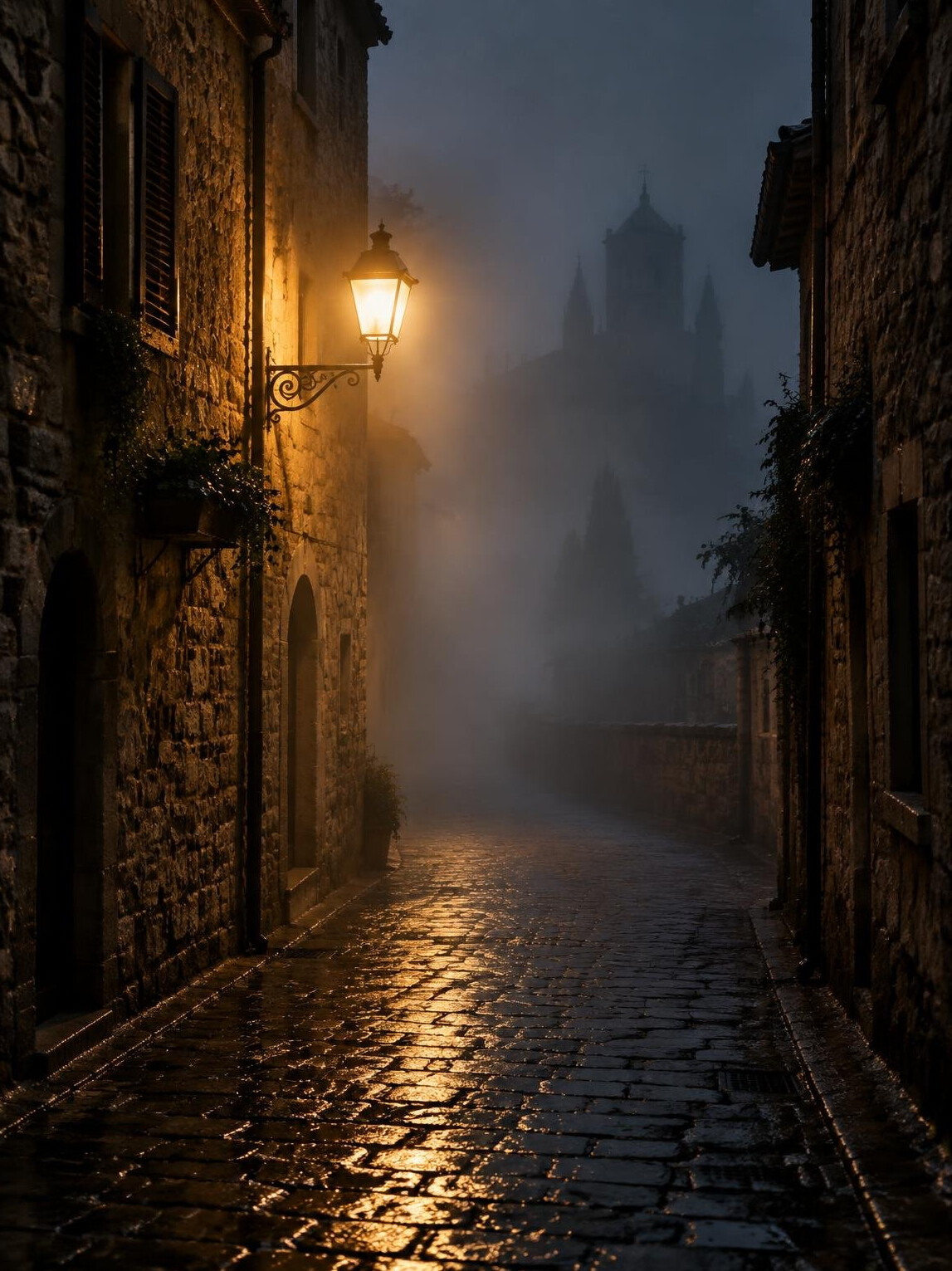 Foggy narrow alley at night with a single lit lamp