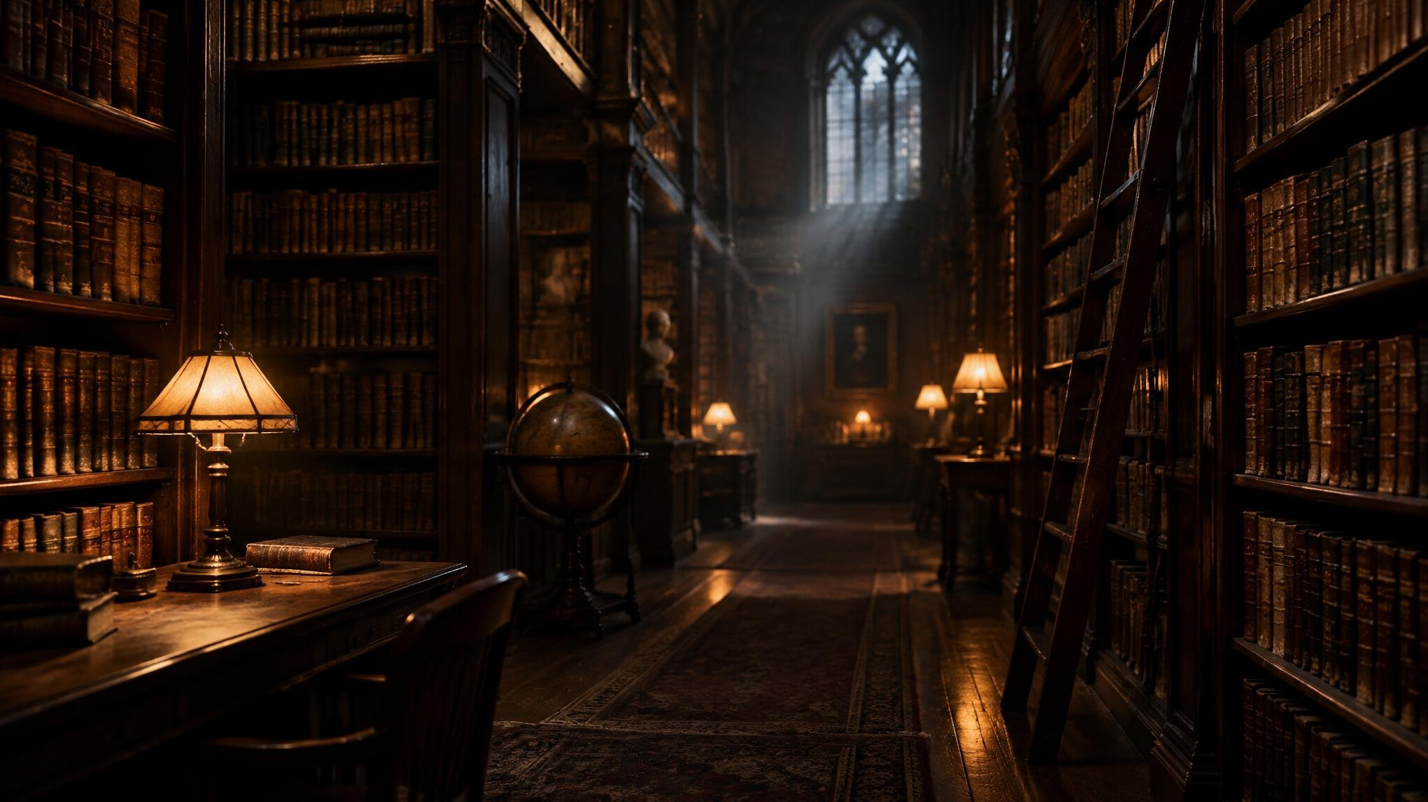Rows of old books on wooden shelves in a dim library
