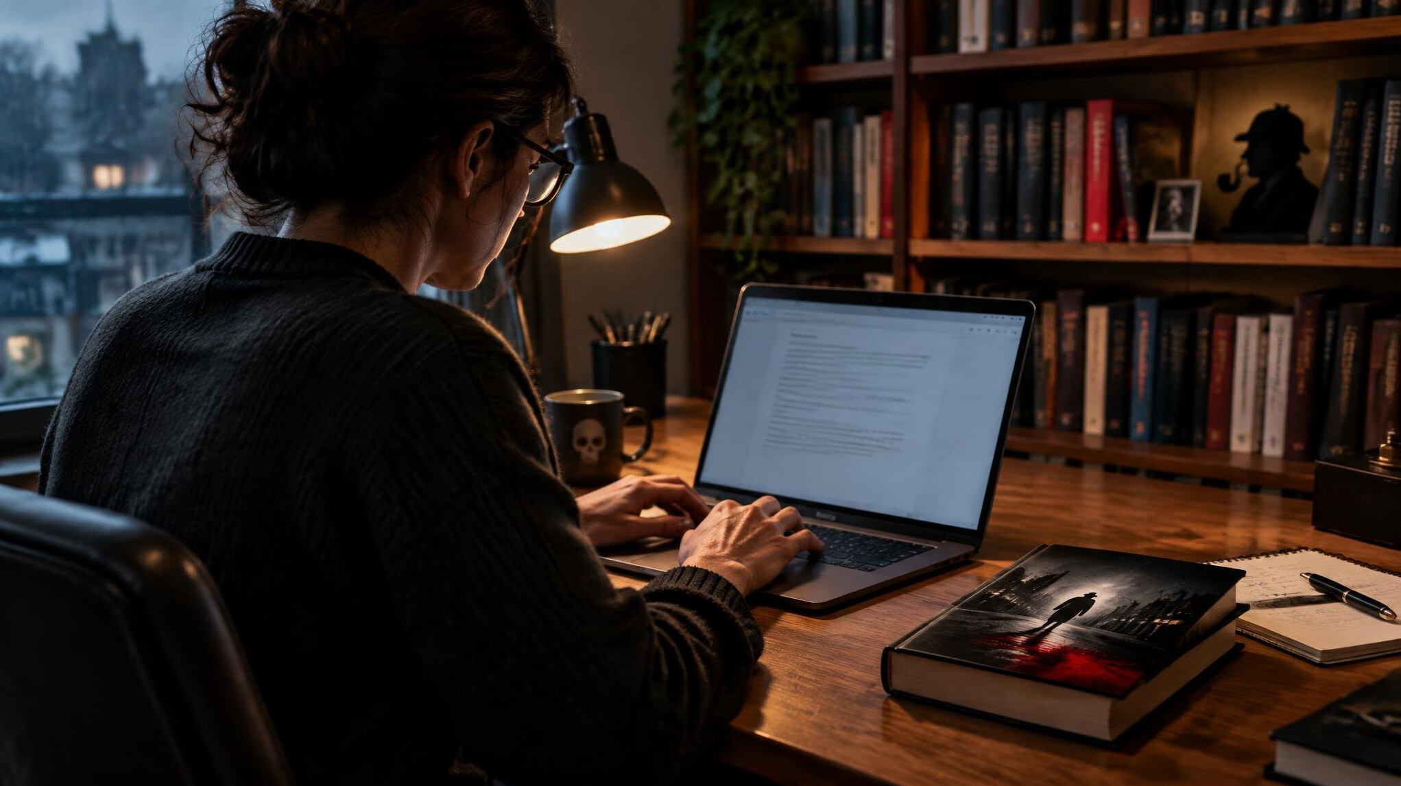 mystery writer at desk