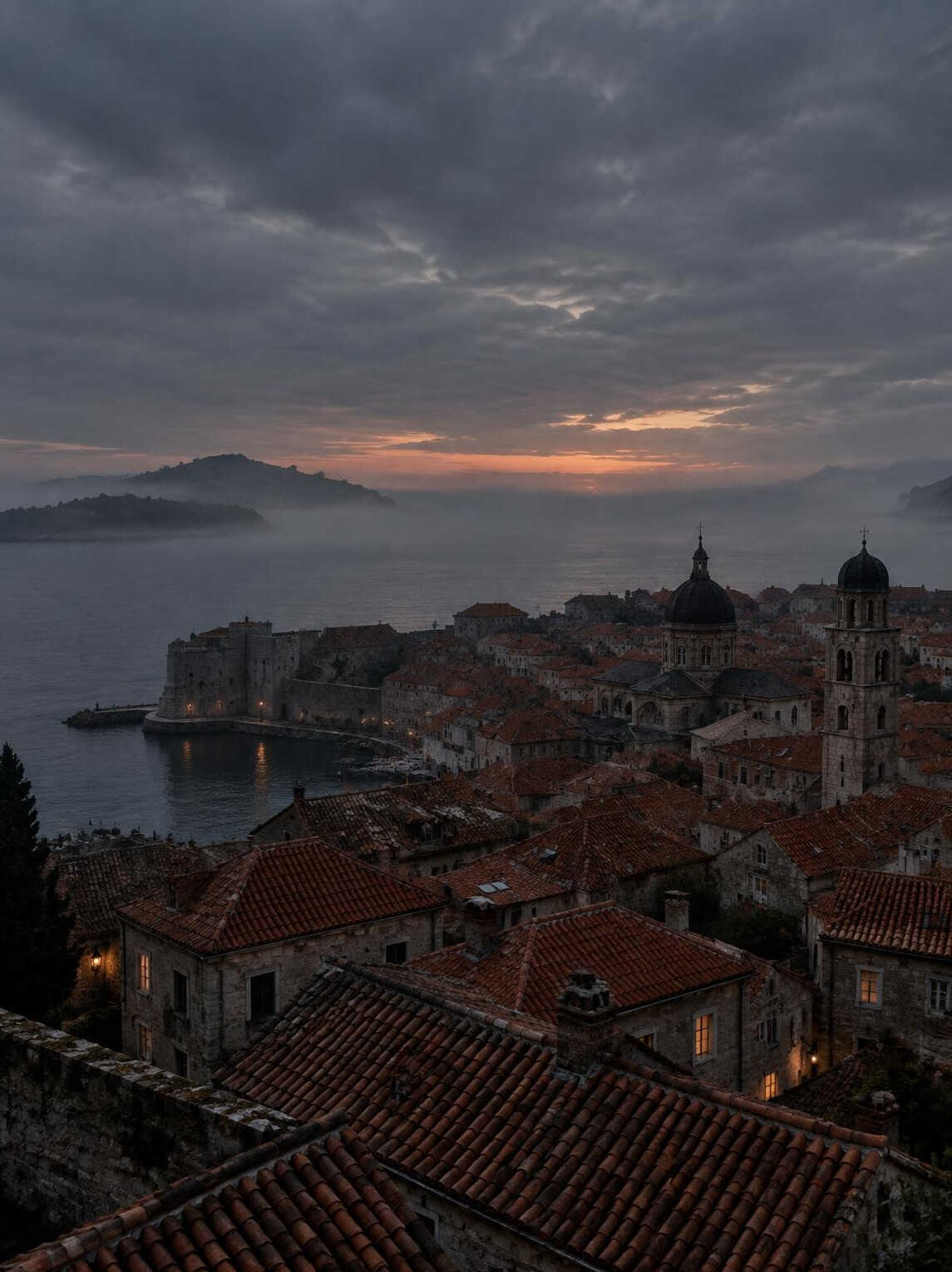 Old European city rooftops at dusk under a grey sky