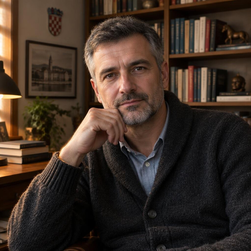 Portrait of a Croatian mystery writer in a study surrounded by books